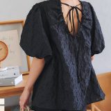 フラワージャガードボリュームスリーブトップス [C7252] レディース 20代 30代 40代 ジャガード 花柄 フラワー フレア シアー ボリュームスリーブ ぽわん袖 5分袖 ブラウス バックシャン オフィスカジュアル