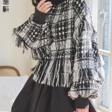 ツイード フリンジ トップス 長袖 チェック ハイネック [C7343] レディース 20代 30代 40代 ツウィード チェック柄 セットアップ リブ モックネック ボリュームスリーブ ブラウン グレー ブラック 黒 きれいめ カジュアル 上品【送料無料】