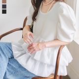 ペプラム ポンチ Tシャツ 半袖 トップス [C7548] レディース 20代 30代 40代 バルーン Uネック バルーントップス ペプラムトップス ペプラムTシャツ バルーンTシャツ ポンチ素材 深Uネック 体型カバー 着やせ ふんわり 可愛い 大人可愛い オフィス お出かけ 上品