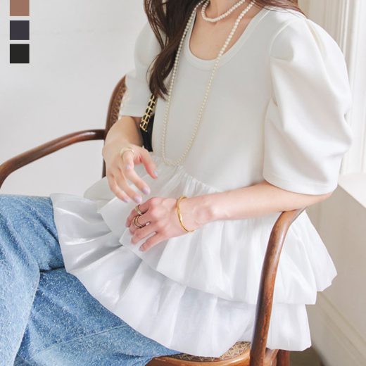ペプラム ポンチ Tシャツ 半袖 トップス [C7548] レディース 20代 30代 40代 バルーン Uネック バルーントップス ペプラムトップス ペプラムTシャツ バルーンTシャツ ポンチ素材 深Uネック 体型カバー 着やせ ふんわり 可愛い 大人可愛い オフィス お出かけ 上品