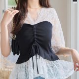 ≪7/2 新発売!!3490円 送料無料≫ ブラウス レース ビスチェ 夏 ニットビスチェドッキングレーストップス [C7562] レディース 20代 30代 40代 トップス ビスチェ ニット 半袖 五分袖 Vネック シアー シャーリング サマーニット レイヤード風 重ね着風【送料無料】