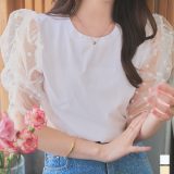 Tシャツ トップス レディース チュール [C7585] 20代 30代 40代 ブラウス ドット パワショル Tブラウス ドッキングTシャツ 水玉 袖コン 袖コンシャス ボリューム袖 セットイン 丸首 Uネック 半袖 五分袖 可愛い 大人可愛い 華やか 二の腕カバー お出かけ デート