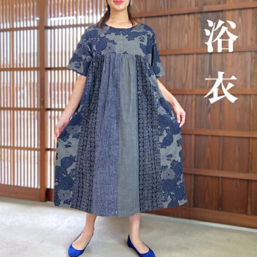 【墨染め浴衣リメイクギャザーワンピース】ロングマキシ夏祭り盆踊り花火大会半袖紺ふんわり可愛い綺麗ミセスレディースホームウェア涼しいエレガントグレー濃紺ネイビー花柄