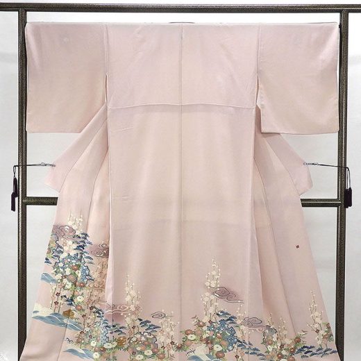 色留袖 正絹 加賀友禅 寺西一紘作 雪輪梅菊松模様 身丈155.5cm 裄丈68cm 丸に三ツ柏 三つ紋 リサイクル 着物 f4018