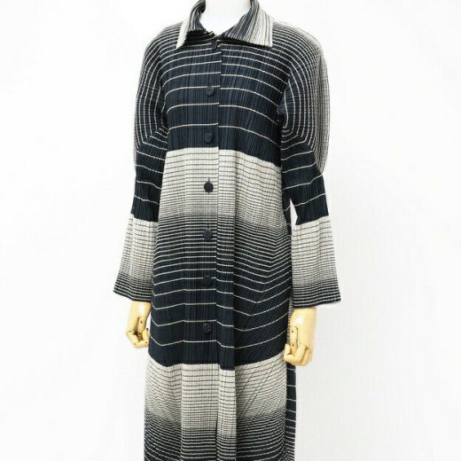 【プライスダウン】PLEATS PLEASE プリーツプリーズ イッセイミヤケ ステンカラーコート ロングコート レディース サイズ2 プリーツ ボーダー グレー ブランド古着【中古】20240213/GP3557
