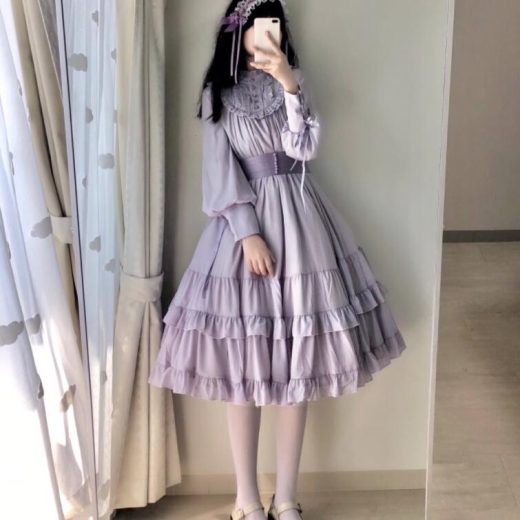 新発/数量限定/Lolita系/opワンピース　jsk　日常　写真　舞台　変装/ロリータ トップス 萌え レディース ゴスロリ ロリータファッション　変装　トップス 吊りスカート花嫁洋服　ティアードスカート　ハロウィン　ハロウィーン Halloween 紫　長袖