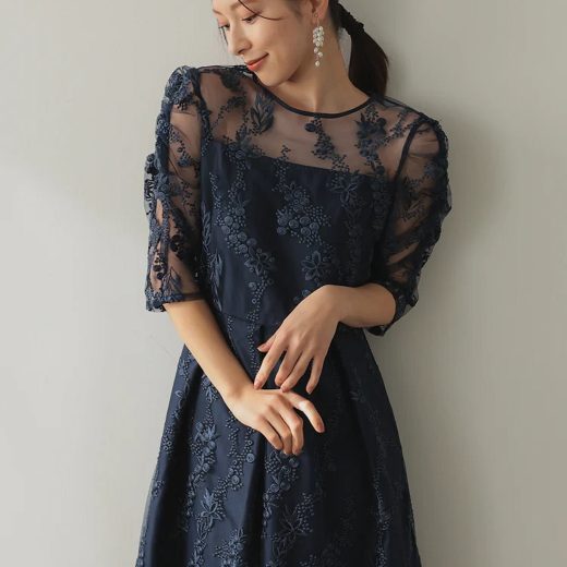 PREFERIR 刺繍レースバックリボン結婚式パーティードレス プレフェリール ワンピース・ドレス ドレス ブラウン パープル ネイビー ブラック【送料無料】