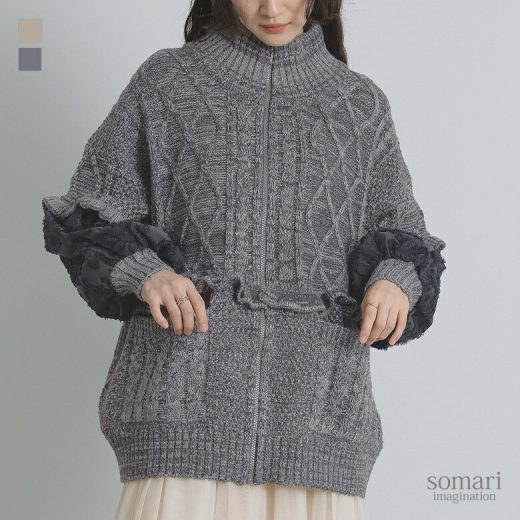 【感謝価格】ブルゾン アウター ニット ニットブルゾン レディース カーディガン 春 秋 冬 ライトアウター 羽織 長袖 ショート丈 スタンドネック ぽわん袖 異素材 ジャガード 着回し オシャレウォーカー◇【メール便不可】【20】