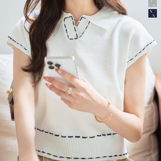 ≪7/10 新発売!!2990円 送料無料≫ トップス レディース 半袖 夏 ポロシャツ ポロニット ステッチ [N1213] 20代 30代 40代 ニット ポロ ステッチ ショート丈 サマーニット 配色 バイカラー オフホワイト グレー ネイビー 短丈 クロップド丈 ポロニット【送料無料】