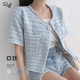 Riff クロップド丈がフェミニンさをプラス ジャケット 半袖 サマーツイード ショート丈 クロップド丈 ブルゾン アウター フォーマル 半袖 柄 チェック柄 ホワイト ブルー ブラック Mサイズ Lサイズ 春 春服 夏 夏服 秋 秋服 アウター(コート