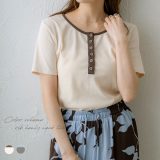 NOAHL｜《3,588円→40%0FFクーポン利用》【メール便】配色 リブ ヘンリーネック Tシャツ レディース トップス カットソー リブT 半袖 無地 ベージュ ブラウン チャコールグレー ブルー 秋 夏 晩夏 春 ノアル 250716【予約】