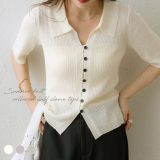 NOAHL｜《3,888円→40%0FFクーポン利用》【メール便】サマーニット トップス レディース 襟付き 五分袖 ニット 襟付きニット 半袖 ボタン タイト 秋 春 夏 アイボリー ダスティミント グレージュ ノアル 250716