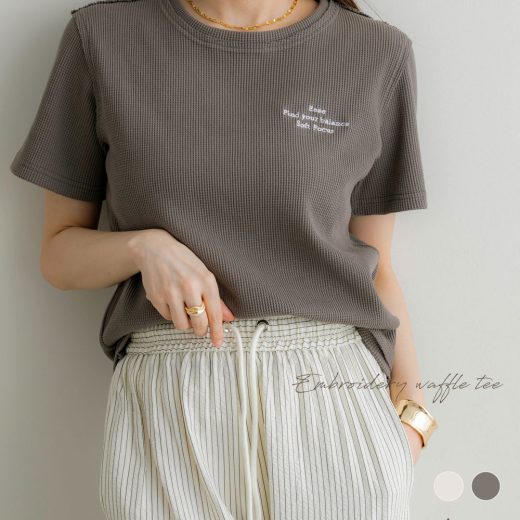 NOAHL｜【メール便】刺繍 ロゴ ワッフル T シャツ レディース トップス カットソー 半袖 ワッフルT サーマル ロゴT 無地 オートミール チャコール 春 夏 ノアル 250702【予約】
