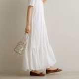 NOAHL｜ドッキング ワンピース バルーン レディース 半袖 カットソー カットワンピ 切替 シンプル ホワイト ブラック 白 黒 春 夏 ノアル 250702【予約】