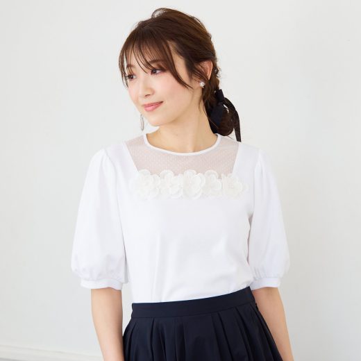 Rose Tiara ドットチュールカットソー ローズティアラ トップス カットソー・Tシャツ ブラック ホワイト オレンジ【送料無料】