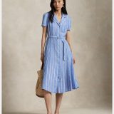 【SALE／30%OFF】POLO RALPH LAUREN ストライプド ベルテッド リネン Aライン シャツドレス ラルフローレン ワンピース・ドレス シャツワンピース ブルー【送料無料】