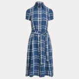 【SALE／30%OFF】POLO RALPH LAUREN チェック リネン ショートスリーブ シャツドレス ラルフローレン ワンピース・ドレス シャツワンピース ブルー【送料無料】