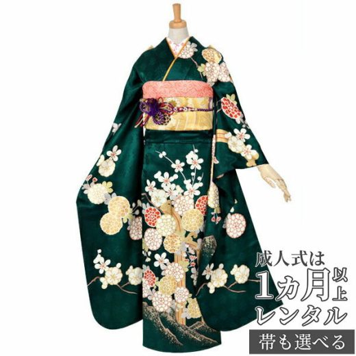 【成人式 振袖 レンタル】RS1503 正絹 深緑　菊梅に滝文様フルセット 往復送料無料 /女性和服/結婚式 和服 着物セット/小物 セット 振り袖 【レンタル】【訳あり】