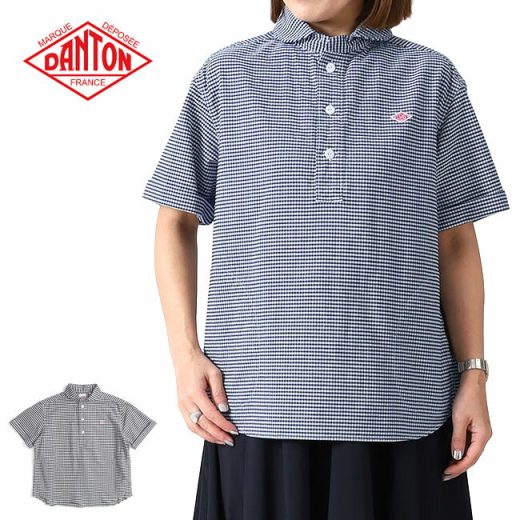 DANTON ダントン オックスフォード ラウンドカラー ギンガムチェック プルオーバーシャツ DT-B0283 OXP 丸襟 半袖シャツ レディース **