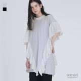 【期間限定！最大50％OFFクーポン対象】カットソー レディース トップス 半袖 五分袖 チュニック フリル ギャザー 異素材 コットン100％ 薄手 ティアード デザイン きれいめ ゆったり 大きいサイズ 着回し 長め着丈【メール便不可】【20】