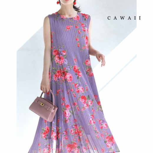 【再入荷♪6/4 20時】（S~3L対応） ロマンティックな花舞うアコーディオンプリーツワンピース