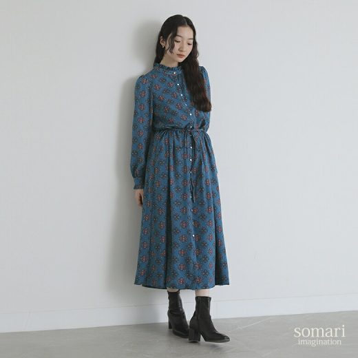 【7/2 9:59迄クーポンで1,000円OFF】ワンピース ロングワンピース 長袖ワンピース レディース 長袖 ロング丈 マキシ丈 春 秋 冬 ロングシーズン フリル スタンドカラー ウエストリボン きれいめ 上品 レトロ ゆったり 大きいサイズ 体型カバー【メール便不可】【20】