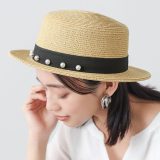 カンカン帽 カンカンハット レディース 帽子 ハット 麦わら帽子 調節可能 調節できる フェイクパール リボン 面ファスナー ペーパー素材 夏 オシャレウォーカー【メール便不可】【60】