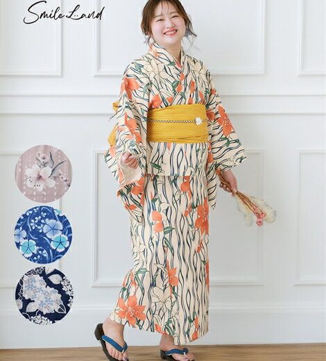 浴衣 レディース 一人で着られる簡単ひも付二部式 接触冷感 夏 ゆかた 大人 花火大会 和装 オフホワイト 百合と金魚 /くすみピンク 百合 /チャコール 椿 /紺 紫陽花 /藍色 撫子 | L〜LL/3L〜4L/5L〜6L/8L/10L | ニッセン nissen