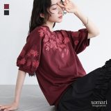 カットソー 半袖 五分袖 レディース トップス Tシャツ レース プリント柄 ぽわん袖 コットン混 二の腕カバー プリントTシャツ プリントT プルオーバー クルーネック パフスリーブ レース柄 春 夏 オシャレウォーカー※メール便可※【10】