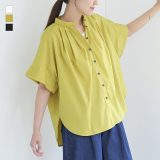 半袖ブラウス レディース トップス 半袖 ドルマンスリーブ バンドカラー タック 半袖シャツ ボタンシャツ ブラウス シャツ 前開きシャツ 羽織 五分袖 ギャザー 後ろ下がり 無地 春 夏 オシャレウォーカー※メール便可※【10】
