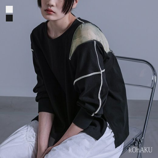 Tシャツ カットソー レディース トップス 長袖Tシャツ 長袖カットソー デザインTシャツ 長袖 ファスナー 異素材 シアー 配色 クール モード メンズライク 個性派 変形 ハイデザイン アシンメトリー※メール便可※【10】