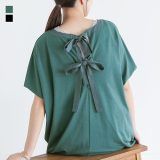 Tシャツ レディース トップス カットソー 半袖 リボン クルーネック レイヤード 重ね着 綿100％ ゆったり 体型カバー お尻が隠れる チュニック プルオーバー Uネック オーバーサイズ 春 夏 オシャレウォーカー※メール便可※【10】