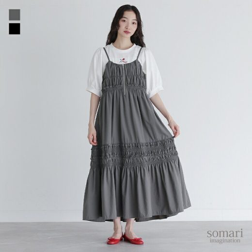ワンピース レディース ドレス キャミソールワンピース ロングワンピース フリル レイヤード 重ね着 シャカシャカ キャミワンピ マキシワンピース ノースリーブ ロング丈 春 夏 秋 冬 オシャレウォーカー【メール便不可】【30】