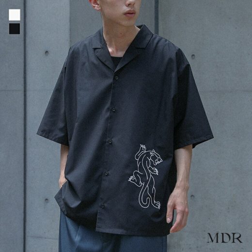 カジュアルシャツ 半袖 五分袖 メンズ トップス オープンカラー 開襟 刺繍 パンサー 羽織り ワイド ビッグシルエット オーバーサイズ 春 夏 秋 オシャレウォーカー※メール便可※【10】