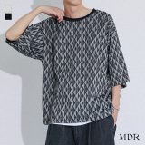 カットソー 半袖 メンズ トップス Tシャツ ニットソー 幾何学柄 ジオメトリック柄 クルーネック 五分袖 ストレッチ 楽ちん シワになりにくい 春 夏 秋 オシャレウォーカー※メール便可※【10】