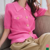 ≪8/2 新発売!!2990円 送料無料≫ カーディガン 半袖 金ボタン襟付きリブ半袖ニット [C7625] レディース 20代 30代 40代 50代 60代 夏用 夏 羽織り 前開き カーデ ニットカーディガン ニットカーデ サマーニット ポロニット リブニット リブ 襟付き 金ボタン【送料無料】