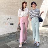 ≪ 7/31再々値下げ＆大量追加!! 灼熱バーゲン≫[ Nagisaさん Yuumiさんコラボ ] 2type前開きパンツ [M3245] レディース ロング丈 裾スリット フレア 美シルエ パンツ ロングパンツ オフィス スリット センタープレス タック スラックス おしゃれ きれいめ 大人 黒 ネイビー