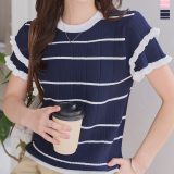 ≪8/7 新発売!!2590円 送料無料≫ サマーニット トップス 夏 ティアードスリーブサマーニットトップス [N1223] レディース 20代 30代 40代 ニット ニットトップス 半袖 クルーネック ボーダー バイカラー 配色 フリル ピンク 白 ホワイト 黒 ブラック 紺【送料無料】