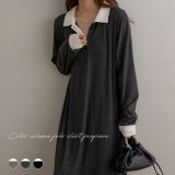 NOAHL｜【メール便】配色 ポロシャツ ワンピース レディース ロング ポロカラー ロングワンピース ブラウン チャコール ブラック 春 秋 冬 250813【予約】